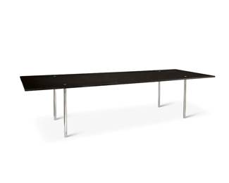 102
William Katavolos (1924-2020), Ross Littell (1924-2000) & Douglas Kelley (b. 1928)
A dining table for Laverne Originals, mid-20th century
Black granite top raised on chromed steel tubular legs
27" H x 114.5" W x 40.25" D
Estimate: $2,000 - $3,000