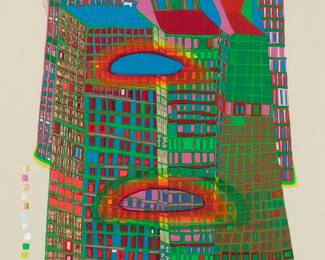 96
Friedensreich Hundertwasser
(1928-2000)
"Good Morning City - Bleeding Town," 1970-71
Screenprint in colors with metallic embossing on Fabriano paper
Edition: 4996/10000
Signed, dated, numbered, and inscribed in ink in the lower margin: Friedensreich "6 Juli 1970, Guidecca"; Studio Quattro, Venice, in cooperation with Lino Coin, prntr.; Dorothea Leonhart, Munich, pub.; with the blindstamp of both the printer and publisher in the lower margin, at center
Image: 30" H x 19.5" W (irreg.); Sight: 32.5" H x 21.5" W
Estimate: $600 - $800