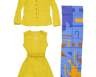 349
A Mario Armond Zamparelli and Company for Hughes Airwest hostess uniform prototype ensemble
Circa 1970s
Scarf signed and dated in the weave; label: Echo / Made in Japan
Comprising a Sundance Yellow high-waisted V-neck polyester jacket, partially lined, with brass buttons, together with a sleeveless Sundance Yellow polyester double knit princess seamed dress, with side front on-seam pockets, fully lined and with a back zipper, and a Zamparelli multicolored geometric print polyester scarf, 1977
4 pieces
Dress: center back: 35.5"; bust front: 17"; waist front: 16"; back shoulders: 15"
Jacket: center back: 23.5"; bust front: 19"; high waist front: 17.5"; back shoulders: 16.5"; sleeve: 23"
Scarf: 51.5" x 13"
Belt: 30" x 2"
Estimate: $200 - $400