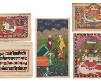 333
A group of four Indian miniatures (including a Sanskrit manuscript leaf) and one Persian miniature
Includes four Indian miniatures, among them a manuscript leaf with Sanskrit text, as well as figural scenes depicting deities and courtly figures; the Persian miniature depicts an outdoor courtly gathering with attendants and a mounted figure on a horse, and on the verso of the sheet is Farsi text
Each: Ink, gouache, and watercolor on paper
Smallest: 3.25" H x 5.375" W; Largest: 9" H x 6" W
Estimate: $300 - $500