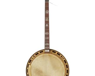 123
A Pre-War Gibson Mastertone banjo
1926
Serial number: 8357-1; with manufacturer's sticker: Gibson Mastertone Guarantee / Gibson Inc. / Kalamazoo, Mich.
The four-string banjo with gilt-metal pot, armrest, and other components, mother of pearl inlay to fretboard and headstock with mother of pearl tuning pegs, and marquetry bordering to resonator
34.5" H x 13.75" W x 4.5" D
Estimate: $1,000 - $2,000