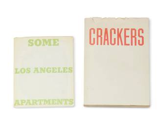 3
Ed Ruscha
(b. 1937)
Two works:
Ruscha, Edward. "Some Los Angeles Apartments." Los Angeles: Anderson, Ritchie & Simon, 1970
Softcover book
Second Edition of 3,000
7" H x 5.5" W x 0.25" D
Ruscha, Edward. "Crackers." Hollywood: Heavy Industry Publications, 1969
Softcover book
First Edition
8.75" H x 6" W x 0.5" D
2 pieces
Estimate: $700 - $900
