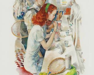 334
Mario Armond Zamparelli (1921-2012)
A diner stop after badminton
Watercolor, gouache, and colored pencil on artist's board
Unsigned; estate stamped verso
Artist's board: 20" H x 15.875" W
Estimate: $500 - $700