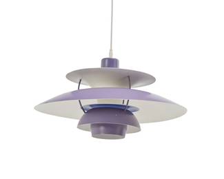 29
Poul Henningsen (1894-1967)
A PH5 pendant lamp for Louis Poulsen, mid-20th century
With partial sticker to shade interior: Louis Poulsen & Co. / Type 1709[illegible]
The aluminum shade comprising concentric concave layers joined by three rods, with powder-coated purple to outside and white to inside, electrified
10" H x 19.5" Dia.
Estimate: $300 - $400