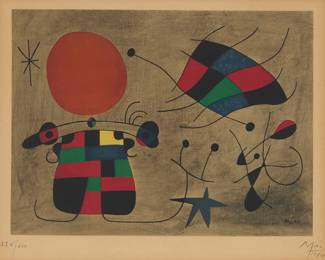 35
After Joan Miró
(1893-1983)
"Le Sourire aux ailes flamboyantes," 1954
Lithograph in colors on Arches paper
Edition: 276/400
Signed, dated, and numbered in pencil in the lower margin: Miró 1954; Maeght Éditeur, Paris, pub.; possible framing notes in pencil, verso
Image: 13.75" H x 18.125" W; Sheet: 19.125" H x 25.625" W
Estimate: $3,000 - $5,000