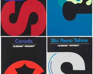343
A group of four Hughes Airwest travel posters, designed by Mario Armond Zamparelli (1921-2012) and Company, Los Angeles
"Canada," "Monterey," "San Francisco," and "Ski Reno Tahoe"
Each: Screenprint in colors on paper
Each: From the edition of unknown size and date
Each: Unsigned; with the printed title along the upper edge
4 pieces
Each Image/Sheet: 34.5" H x 22.5" W
Estimate: $400 - $600