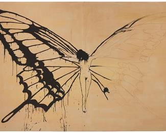149
Alec Monopoly
(b. 1986)
Nude figure with butterfly wings
Acrylic on linen
Signed lower left: Alec
73.5" H x 119.5" W
Estimate: $3,000 - $5,000