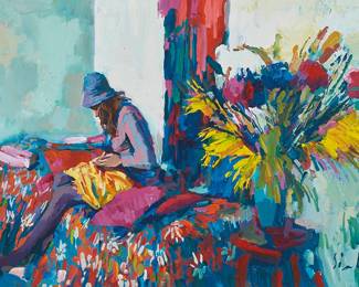 242
Nicola Simbari
(1927-2012)
Interior view with flowers and a woman sitting on a bed
Acrylic on canvas
Signed lower right: Simbari
28" H x 40" W
Estimate: $6,000 - $8,000