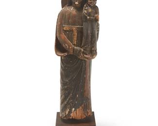 332
A Spanish Colonial carved wood Madonna and child figure
19th century or earlier
The polychromed figure depicting the Mother Mary holding the Christ child, set on a wood plinth
Figure: 34.75" H x 10.75" W x 9" D; Overall: 39.75" H
Estimate: $1,000 - $2,000