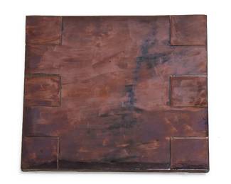 181
Mary Ann Corse
(b. 1945)
Untitled tile, 1979
Gunmetal glazed ceramic and fiberglass
Signed and dated verso: Mary Corse
16.75" H x 16.75" W x 1" D
Estimate: $4,000 - $6,000