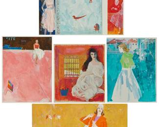 316
Mario Armond Zamparelli (1921-2012)
Five illustrations, each depicting women in various activities
Each: Gouache, watercolor, colored pencil, and mixed media on artist's board
Each: Unsigned; estate stamped verso
Smallest artist's board: 21.75" H x 19.375" W; Largest artist's board: 30" H x 20" W
Estimate: $600 - $900