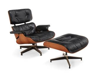 303
Charles and Ray Eames (1907-1978 and 1912-1988)
An Eames lounge chair and ottoman for Herman Miller, late 20th century
Designed 1956
The ottoman with Herman Miller tag applied to underside
The chair with molded plywood and powder-coated and brushed aluminum frame, rubber shock mounts, and black leather tufted upholstery, en suite with matching ottoman
2 pieces
Chair: 33.5" H x 34" W x 34" D; Ottoman: 17" H x 25.75" W x 22" D
Estimate: $2,000 - $3,000