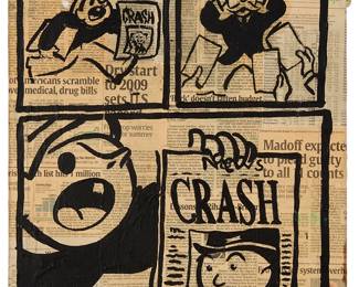 150
Alec Monopoly
(b. 1986)
Crash
Acrylic and newspaper collage on canvas
Unsigned
20" H x 16" W
Estimate: $2,000 - $3,000