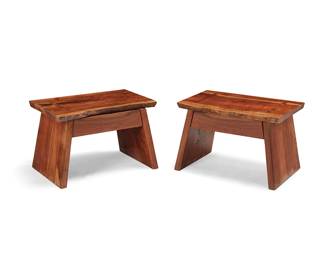 126
Harold Greene (b. 1953)
A pair of Contemporary walnut side tables, 2014
The Japanese-style California tables, each with a single drawer and top with a live front edge
2 pieces
Each: 15.5" H x 24" W x 16" D
Estimate: $800 - $1,200