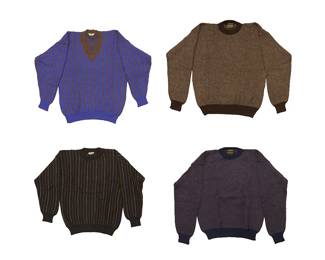 374
A group of Alpaca wool tricot sweaters size M
Circa 1990s
Each marked to label for alpaca; two labeled: Casa / Handmade in Bolivia / Mens M; two labeled: Made in Peru / M
A group of sample designs for House of Zamparelli Designs comprising two Casa crew neck alpaca knit sweaters, one in dark blue and purple stripes and one in tonal brown stripes, as well as two further alpaca sweaters, one a crew neck in charcoal grey with brown, purple, and pale grey stripes, and one a V-neck in vibrant blue and brown stripes
4 pieces
Largest: center back: 27.5"; chest front: 22.5"; sleeve: 23" ; Smallest: center back: 24.5"; chest front: 19.5"; sleeve: 20.5"
Estimate: $300 - $500