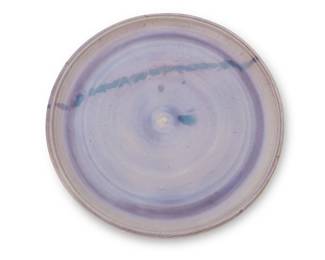 251
Peter Shire (b. 1947)
A Pre-Memphis glazed ceramic charger, 1979
Dated and marked to underside: EXP [Echo Park]
The footed plate with lavender glaze
1.5" H x 12.75" Dia.
Estimate: $300 - $400
