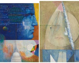 286
Mario Armond Zamparelli (1921-2012), Science
Two works:

Untitled (energy equations)
Gouache, colored pencil, and mixed media on artist's board
Unsigned; estate stamped verso
Image: 13.75" H x 10.5" W; Board: 19.75" H x 13.75" W

"Galileo Galiley" [sic]
Gouache, colored pencil, and mixed media on artist's board
Unsigned; ; estate stamped verso, titled in the image
Image: 14.5" H x 10.75" W; Board: 21.75" H x 15" W
Estimate: $600 - $900