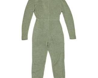 376
A Mario Armond Zamparelli and Company luxury pointelle knit sleeping "onesie" jumpsuit prototype
Late 20th century
Unlabeled; unknown fiber, possibly cotton/wool mix
A turquoise green and grey striped openwork knit all-in-one jumpsuit with a tall turtleneck or cowl neck collar, shoulder pads, elasticated cuffs, and an extra-long back zipper
Chest: 39" (lightly stretched); waist: 28" (fixed); hips: 42" (lightly stretched); sleeves: 28"; across back at shoulders: 16"; collar: 22" H x 34" Dia.; inseam: 32"; center back collar to crotch: 29"; underarm to cuff: 52"
Estimate: $50 - $75