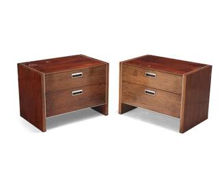 272
Robert Baron (1925-2014)
A pair of walnut side tables for Glenn of California, late 20th century
Each with manufacturer's label to interior of top drawer: Glenn / Carson / California
Each console with two drawers with inset metal handles and case accents
2 pieces
Each: 20" H x 27" W x 18" D
Estimate: $400 - $600