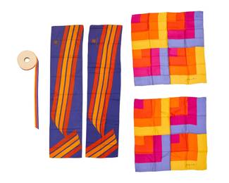 357
A group of Mario Armond Zamparelli and Company for Hughes Airwest hostess scarves and ribbon
Circa 1970s
Each scarf signed and two dated to weave; two with label: Echo / Made in Japan
Five works comprising four scarves with various geometric designs including two multicolored square silk scarves, 1975 (each: 26.5" x 26.5"), and two long narrow polyester scarves with a blue, yellow, and orange multistripe design (49" & 48.5" x 12"), as well as a 50-yard roll of multicolored five-stripe grosgrain acetate ribbon trim, for 1972 uniform hats (7" Dia. approximately x 1.5" H)
5 pieces
Estimate: $100 - $200