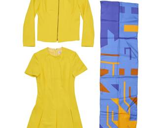 350
A Mario Armond Zamparelli and Company for Hughes Airwest hostess uniform prototype ensemble
Circa 1970s
Jacket and dress each with label: Designed for Hughes Airwest by Mario Armond Zamparelli and Company Los Angeles / Manufactured by Portrait Clothes division of Barco of California; further labeled for size and material; Scarf signed and dated in the weave; label: Echo / Made in Japan
Comprising a Sundance Yellow polyester double knit short sleeved princess dress with inverted pleats to skirt, fully lined and with a back zipper, together with a matching contoured fully lined zippered jacket, each size 8, and a Zamparelli multicolored geometric print polyester scarf, 1977
3 pieces
Dress: center back: 35.5"; bust front: 16.5"; waist front: 14..5"; back shoulders: 13.5"; sleeve: 8"
Jacket: center back: 21"; bust front: 17"; waist front: 16.5"; back shoulders: 15"; sleeve: 22.5"
Scarf: 51.5" x 13.25" approximately
Estimate: $200 - $400