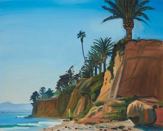 215
Hank Pitcher
(b. 1949)
"Montecito Cliffs," 1985
Oil on canvas
Signed lower right: H. Pitcher; signed again and dated along the canvas overlap: 1985; titled on a gallery label affixed to the stretcher bar
40" H x 50" W
Estimate: $4,000 - $6,000