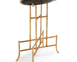 227
A Dessin Fournir 'Camrose' Side Table
Early 21st century
With metal tag applied to underside: DessinFournir / Los Angeles
The bamboo-form, hand-wrought, and gilt iron X-frame below an antiqued black lacquered wood oval top decorated with gilt and silvered foliate motifs
27.75" H x 20" W x 10.25" D
Estimate: $1,200 - $1,800