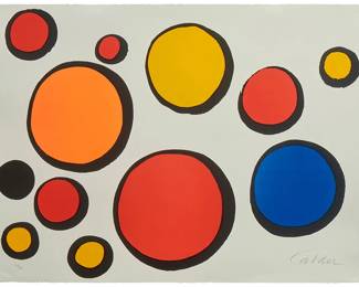 45
Alexander Calder
(1898-1976)
"Balles d'Air"
Lithograph in colors on wove paper
Edition: 73/75
Signed and numbered in pencil in the lower right and left corners, respectively: Calder
Sheet: 22.5" H x 30.25" W
Estimate: $3,000 - $5,000