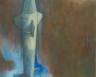 285
Mario Armond Zamparelli
(1921-2012)
Rocket launch
Colored pencil, gouache, and mixed media on artist's board
Unsigned; estate stamped verso
Image: 14" H x 10.75" W; Artist's board: 21.75" H x 15" W
Estimate: $600 - $800