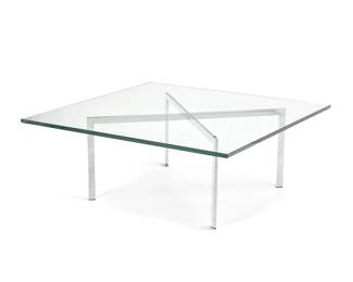 198
After Ludwig Mies van der Rohe (1886-1969)
A table after the 'Barcelona' table for Knoll Studio, late 20th/early 21st century
Designed 1929
Unmarked
Stainless steel X-form table with square glass top
Frame: 15.25" H x 27.5" W x 27.5" D; Glass: 1" H x 42" W x 42" D
Estimate: $300 - $500