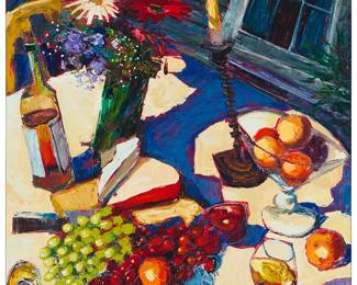 211
James Michalopoulos
(b. 1951)
Still life with fruit and wine, 1998
Oil on canvas
Signed lower left: Michalopoulos; signed again and dated "1998" verso; with the artist's label affixed verso
48" H x 36" W
Estimate: $6,000 - $8,000