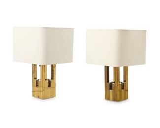55
Willy Rizzo (1928-2013)
A pair of table lamps for Lumica, late 20th century
Each marked for Lumica, one with sticker to underside
The three-light lamps, each with a chromed and gold-toned metal geometric base, surmounted by a squared fabric-lined paper shade, electrified
2 pieces
Each lamp: 20.75" H x 6.25" W x 6" D; Each shade: 12" H x 16" W x 16" D
Estimate: $500 - $700