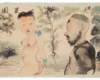 158
Jin Li
(b. 1958)
"Summer Scene"
Watercolor and ink on cream Japan paper laid to tissue-thin laid Japan paper
Signed with Chinese characters in ink along the left edge: Jin Li; with the artist's red ink chopmark lower right; titled with Chinese characters in ink along the upper edge; three unidentified red ink chopmarks along the left edge
Image/Sheet: 13.75" H x 23.125" W; Support Sheet: 15" H x 24.5" W
Estimate: $2,000 - $3,000