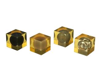 310
Enzo Mari
(1932-2020)
"Relazione di Quattro" for Danese Milano, 1959
Mixed media and resin, housed in original box
Titled, attriubted, dated, and inscribed to box: Edizioni Danese Milano
4 pieces
Each: 1.625" cubed; Box: 1.75" H x 6.625" W x 1.875" D
Estimate: $1,000 - $1,500