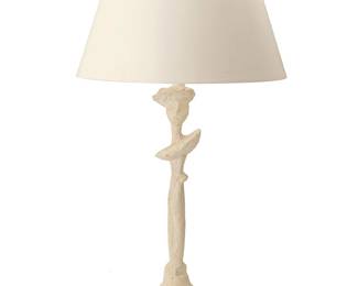 98
After Alberto Giacometti (1901-1966)
A lamp modeled after 'Lampe modèle Ecossais,' mid/late 20th century
Unmarked
Painted plaster and metal, the two-light lamp with conical paper shade
Lamp: 30" H x 5.25" Dia.; Shade: 9.75" H x 16.5" Dia.
Estimate: $500 - $700