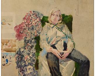 243
Jerald Silva
(b. 1936)
Seated figure, 1972
Watercolor, acrylic, and traces of graphite on paper
Signed and dated near the center of the upper edge: Silva
Sight: 42" H x 47.5" W
Estimate: $600 - $800