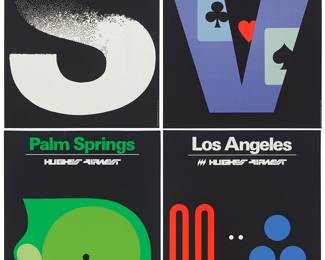 344
A group of four Hughes Airwest travel posters, designed by Mario Armond Zamparelli (1921-2012) and Company, Los Angeles
"Salt Lake City," "Las Vegas," "Palm Springs," and "Los Angeles"
Each: Screenprint in colors on paper
Each: From the edition of unknown size and date
Each: Unsigned; with the printed title along the upper edge
4 pieces
Three works Image/Sheet: 34.5" H x 22.5" W; "Palm Springs" Image/Sheet: 34.25" H x 22.5" W
Estimate: $400 - $600