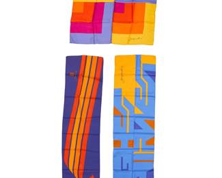 352
A group of Mario Armond Zamparelli and Company for Hughes Airwest scarves
Circa 1970s
Each signed and two dated to weave; two with label: Echo / Made in Japan
Three works with various geometric designs comprising a multicolored square silk scarf, 1975 (26.5" x 26.5"), a long narrow polyester scarf in blues, tan, and yellow, 1977 (51.5" x 13"), and a long narrow polyester scarf with a blue, yellow, and orange multistripe design (48" x 12")
3 pieces
Estimate: $100 - $200