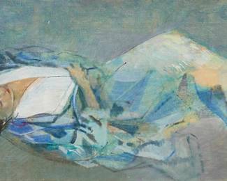 295
Mario Armond Zamparelli
(1921-2012)
"Blue Kimono: reclining figure," 1980
Oil on linen
Initialed and dated upper right: Z 80; signed again, titled, and dated on a label affixed to the stretcher bar: 1980
13" H x 25.5" H
Estimate: $600 - $900