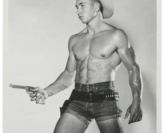 17
Bob Mizer
(1922-1992)
"Doug Courtney," circa 1950s
Gelatin silver print on paper
Edition: 2/25, reprinted from the original negative, circa 1992
Signed in ink, verso: Bob Mizer; titled and numbered in pencil in another hand, verso; stamped in black ink, verso: Bob Mizer / Athletic Model Guild / 1992 Portfolio © / Limited Edition Published by / Wessel O'Connor Gallery, New York
Image: 18.875" H x 14.75" W; Sheet: 19.875" H x 15.875" W
Estimate: $1,000 - $2,000