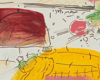 255
Peter Max
(b.1937)
"Profile of Yellow Umbrella Man," 1987
Acrylic, ink, and crayon on paper
Signed and dated upper center: 1987 Max; inscribed "Max #3848," in ink, in another hand, on the frame's backing paper; titled on the frame's backing paper and the sales invoice
Sheet: 6.125" H x 10.5" W
Estimate: $800 - $1,200