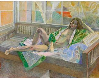 293
Mario Armond Zamparelli
(1921-2012)
Reclining nude in green kimono
Oil on canvas
Unsigned; inscribed with the artist's name in ink in another hand on a label affixed to the upper stretcher
52" H x 76" W
Estimate: $4,000 - $6,000