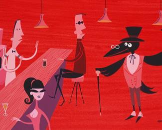 168
Josh Agle (aka SHAG)
(b. 1962)
"The Old Crow"
Acrylic on panel
Signed lower right: SHAG; titled by repute
15" H x 24" W
Estimate: $5,000 - $7,000