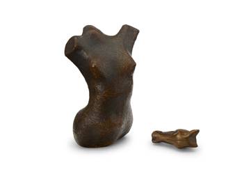 331
A bronze figural torso and horse head
20th/early 21st century
Torso inscribed to underside: B [within a circle]
2 pieces
Torso: 5" H x 3.5" W x 2.75" D; Horse: 1.5" H x 2.25" W x 0.625" D
Estimate: $200 - $400