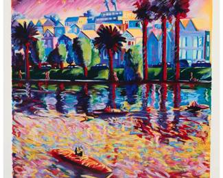 66
Carlos Almaráz
(1941-1989)
"Echo Park III," 1990
Screenprint in colors on paper
Edition: H.C. 5/5 (aside from the edition of 140)
Signed by the artist's widow, "Elsa Flores Almaráz," and numbered in pencil in the lower margin; Aztlan Multiples, Los Angeles, CA, and with their blindstamp in the lower left margin corner
Image: 37.75" H x 37.5" W; Sheet: 43" H x 41.375" W
Estimate: $2,000 - $3,000