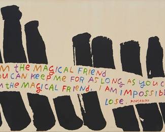91
Corita (Sister Mary) Kent
(1918-1986)
"You Can Never Lose Me," 1972
Screenprint in colors on paper
From the edition of 260
Signed and numbered "E 260" in pencil along the lower edge: Corita
Sight: 18.5" H x 30.75" W
Estimate: $600 - $800