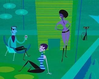 166
Josh Agle (aka SHAG)
(b. 1962)
"Doctor Scorpio's Lair"
Acrylic on panel
Signed lower right: SHAG; titled on a gallery label affixed to the frame's backing paper
19" H x 48" W
Estimate: $8,000 - $12,000