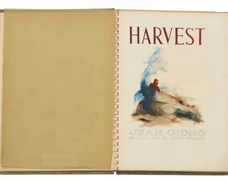 338
Mario Armond Zamparelli (1921-2012)
Ten watercolor and gouache illustrations on paper for Jean Giono's (1895-1970) publication "Harvest," 1983; most sheets with light green interleaving paper; all sheets (illustrations and interleaving) coil bound and with clear plastic protective sheets on the front and back of the book
Book: 13.25" H x 9.5" W x 0.5" D
Estimate: $400 - $600