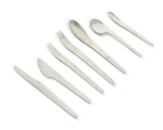 300
Arne Jacobsen (1902-1971)
A stainless steel flatware service for Anton Michelsen, 1960s
Each marked: A. Michelsen / Stainless / Denmark / ['A' cipher]
Comprising 8 dinner forks (8"), 8 luncheon forks (7.375"), 8 oval soup spoons (8"), 8 bouillon soup spoons (6.5"), 8 teaspoons (6.25"), 8 dinner knives (7.875"), and 1 butter spreader (6.875"), 49 pieces
Estimate: $1,000 - $1,500