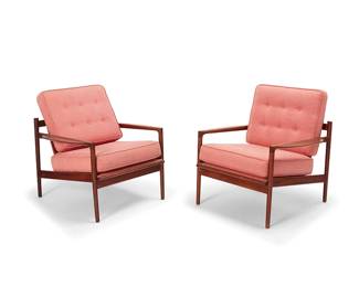171
Ib Kofod-Larsen (1921-2003)
A pair of 'Picket Back' lounge chairs for Selig, circa 1960s
Each with inset tag: Made and Finished / in Denmark / Imported by Selig
The walnut frames with four-slatted backs and canvas webbing seats, each with later fabric upholstered foam seat and tufted seatback cushions
2 pieces
Each: 32" H x 30" W x 30" D
Estimate: $1,000 - $2,000